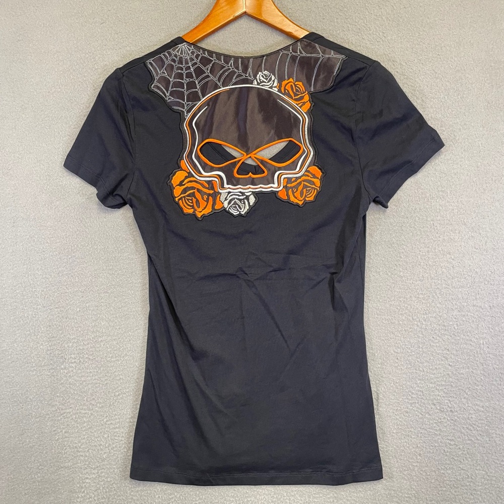 Harley-Davidson Women's M Black Skull Rose Spider Web Satin Back Graphic Tee